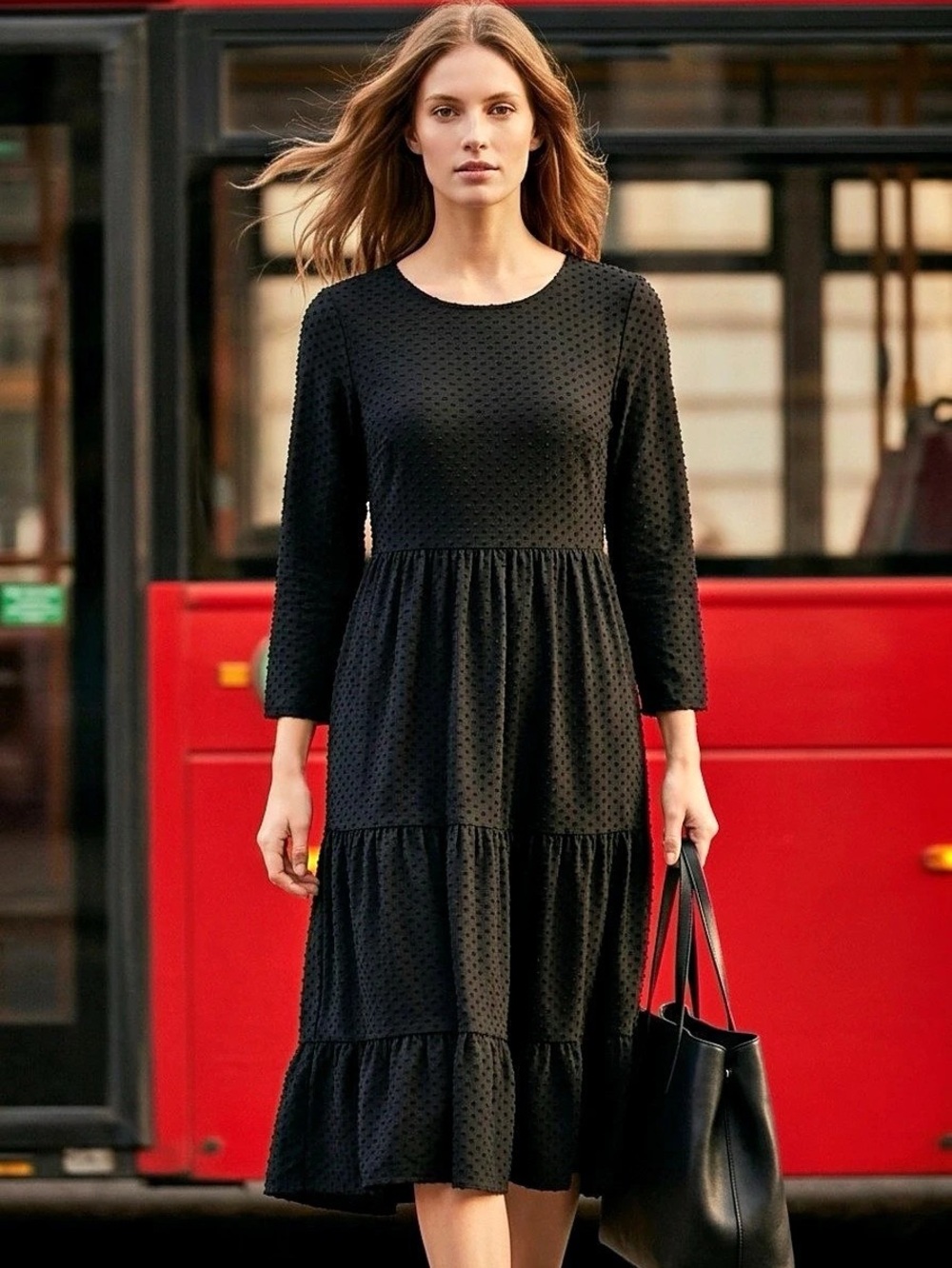 Reborn J Textured Women’s Tiered Midi Dress in Black Size Medium EUC 3/4 Sleeve
